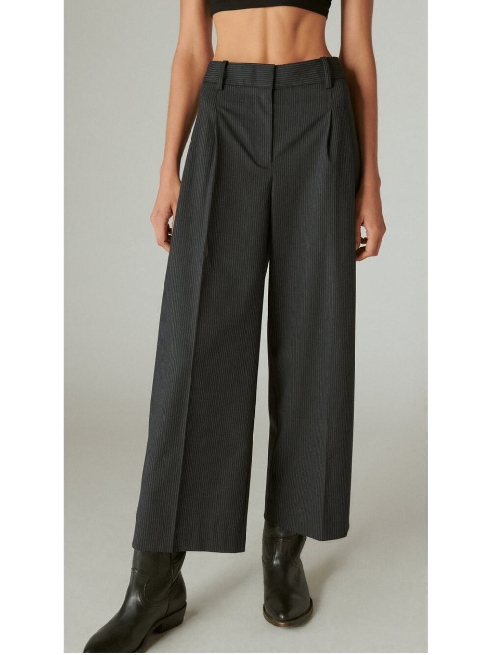 Lucky Brand Cropped Wide Leg Striped Pleated Dress Pant Trouser Womens 12 Blue